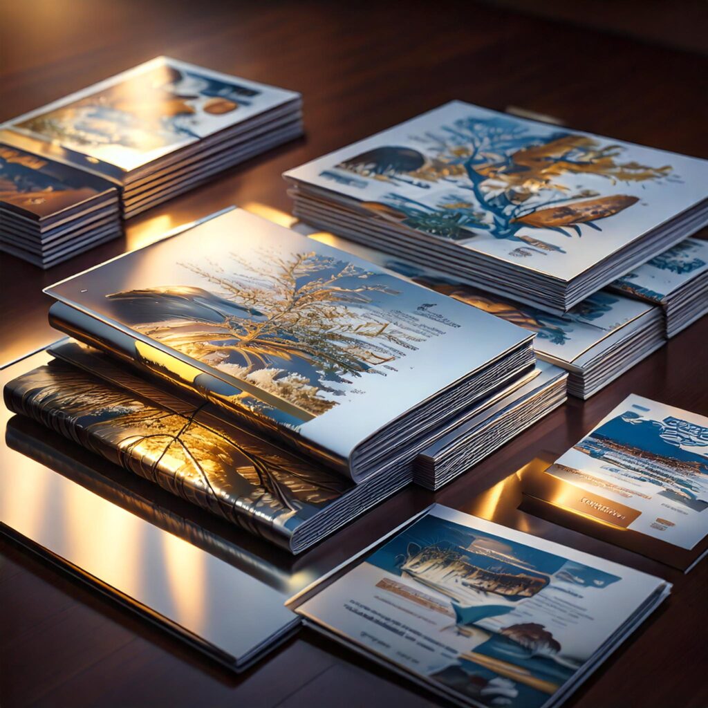 Firefly Create a photorealistic image in showcasing a variety of glossy print products including br2